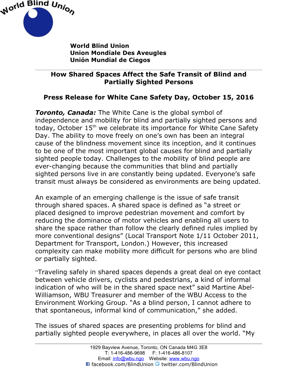 Press Release - White Cane Safety Day 2016