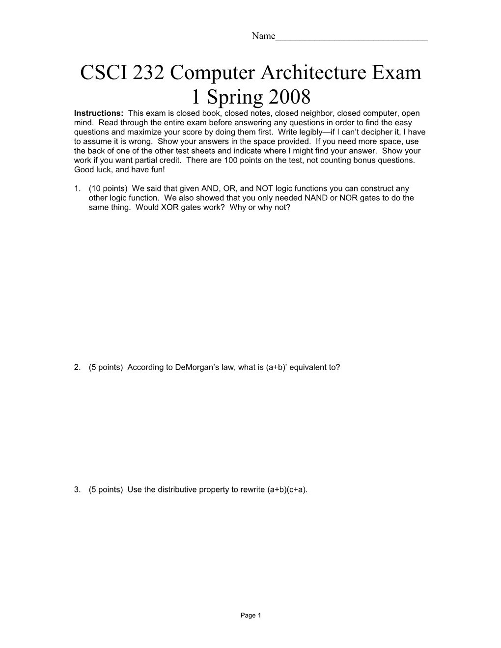 CSCI 232 Computer Architecture Exam 1 Spring 2008