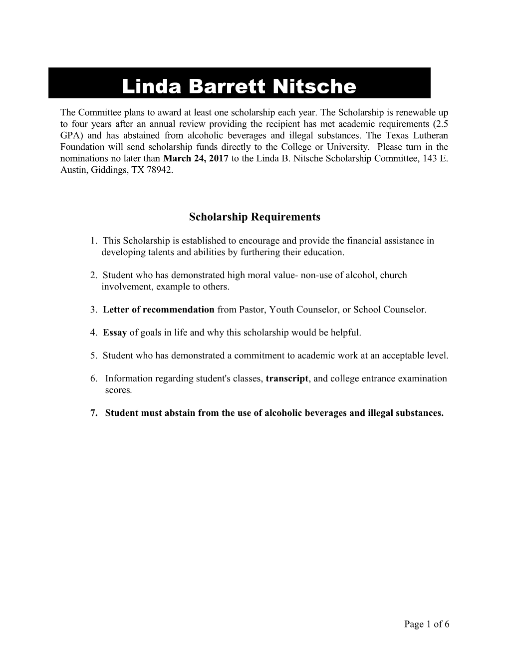 Linda Barrett Nitsche Scholarship