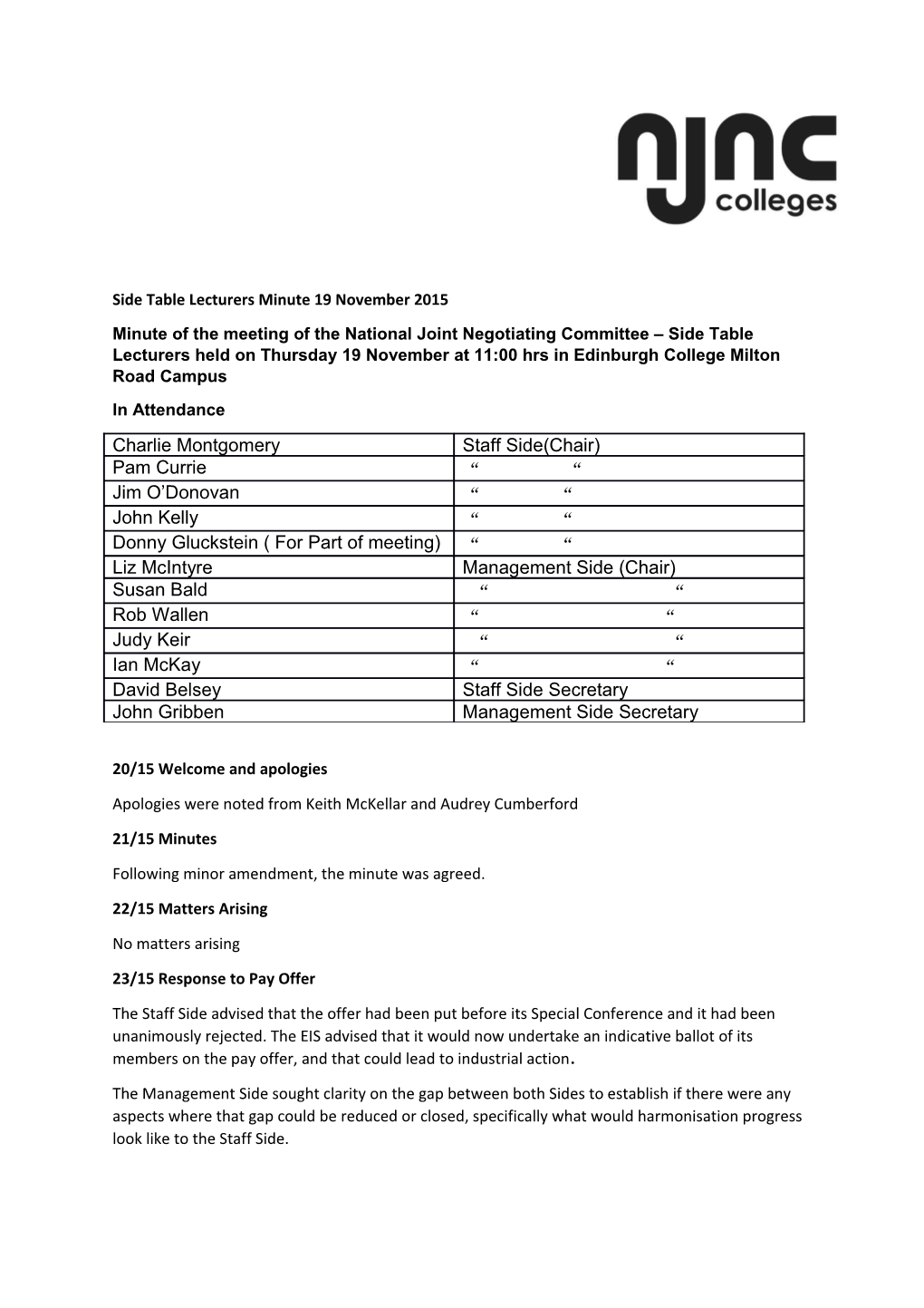 Side Table Lecturers Minute 19 November 2015