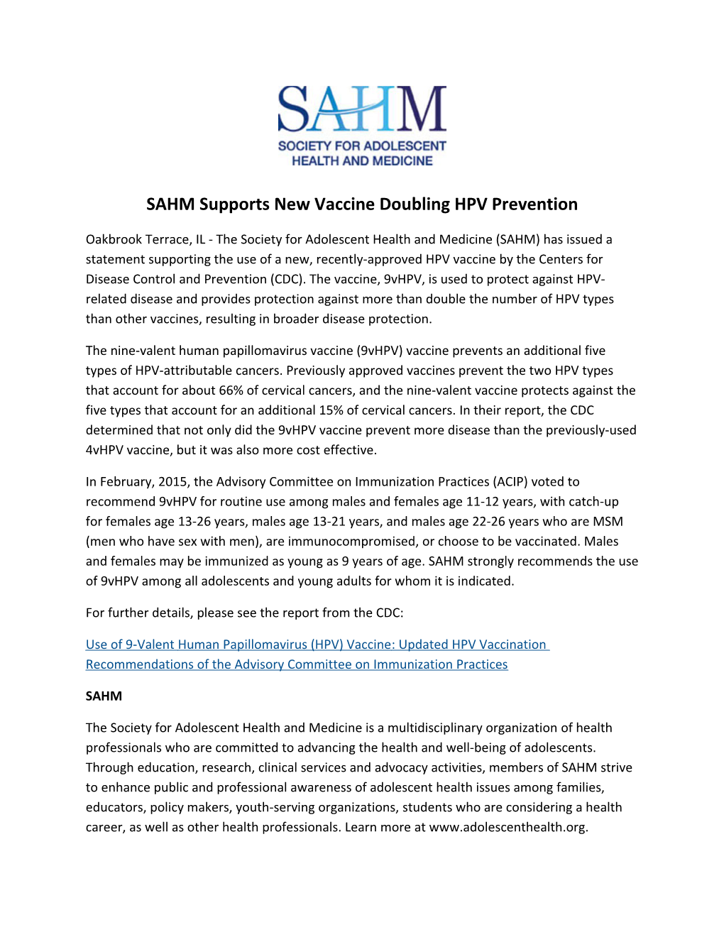SAHM Supports New Vaccine Doubling HPV Prevention