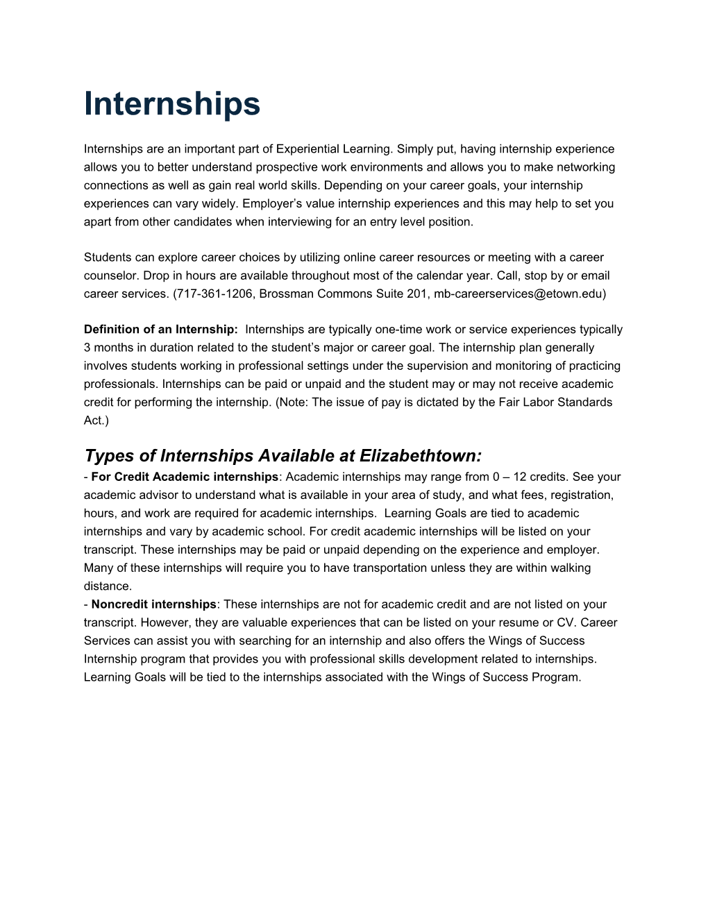 Types of Internships Available at Elizabethtown