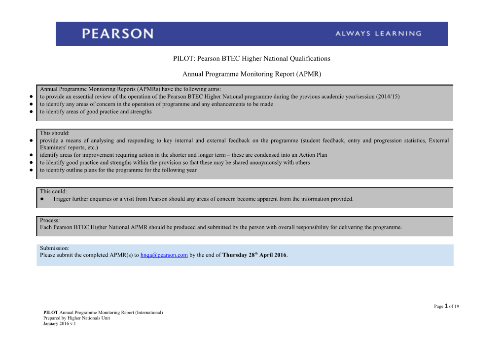PILOT: Pearson BTEC Higher National Qualifications