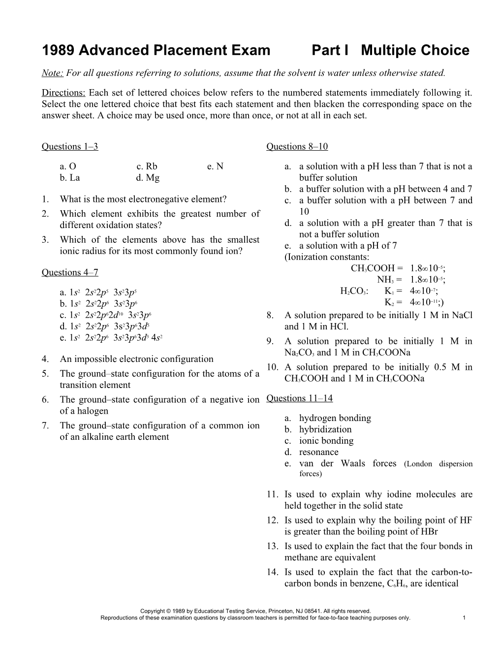 1989 Advanced Placement Exam