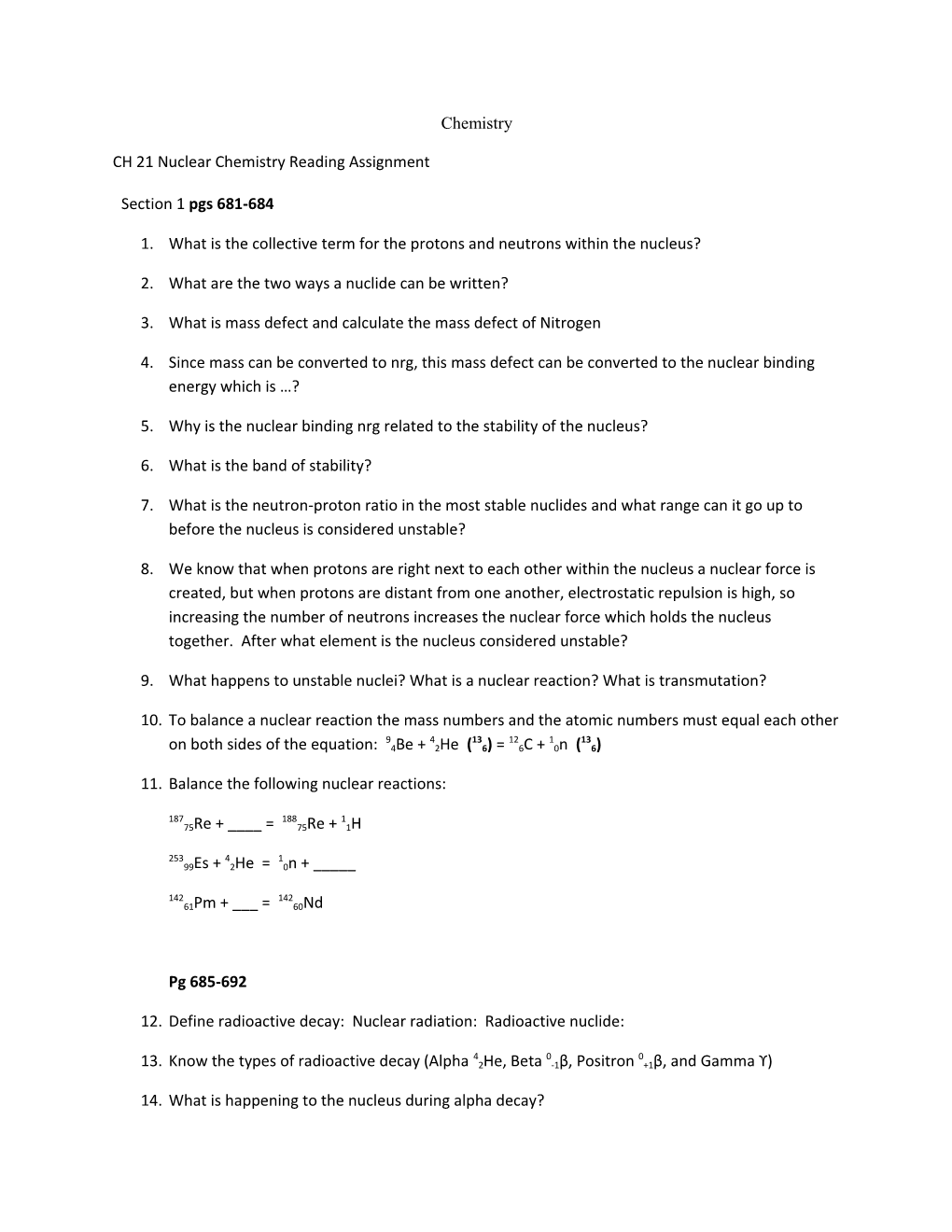 CH 21 Nuclear Chemistry Reading Assignment