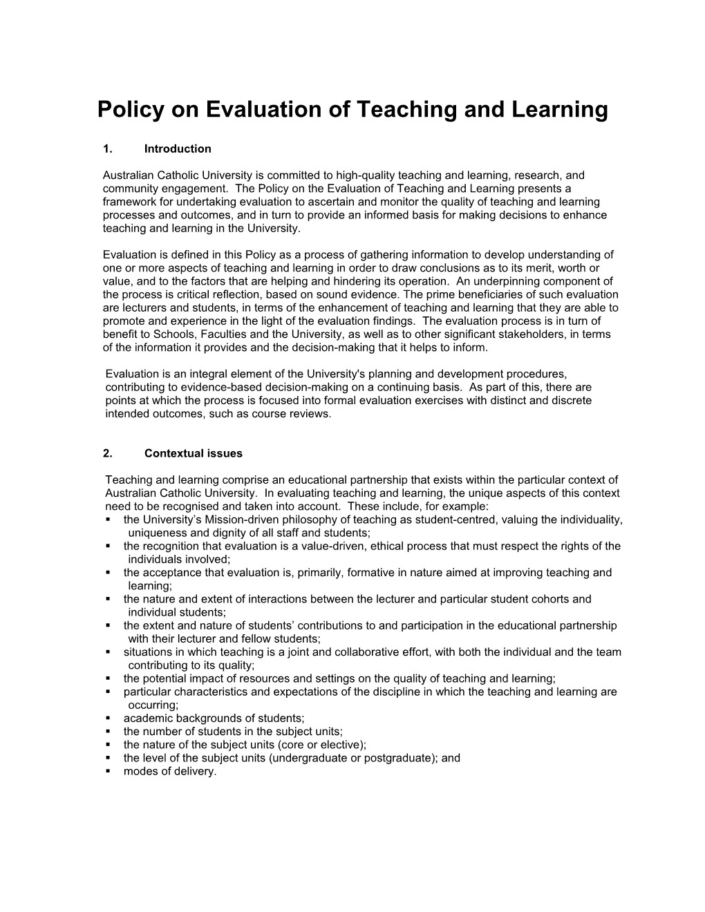 Policy on Evaluation of Teaching and Learning