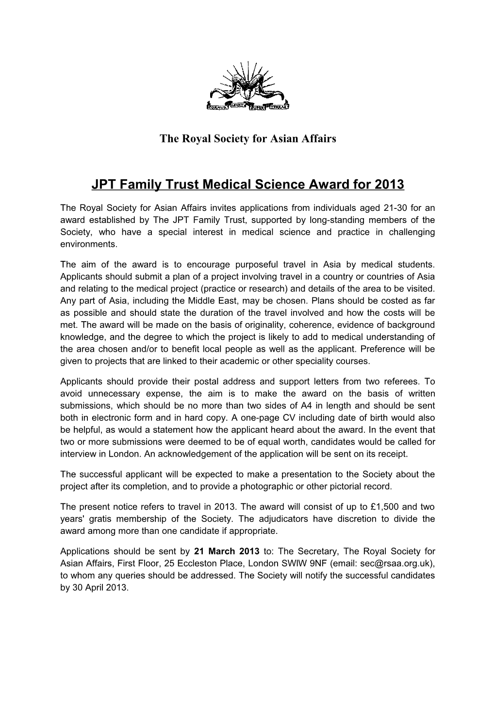 JPT Family Trust Medical Science Award for 2013