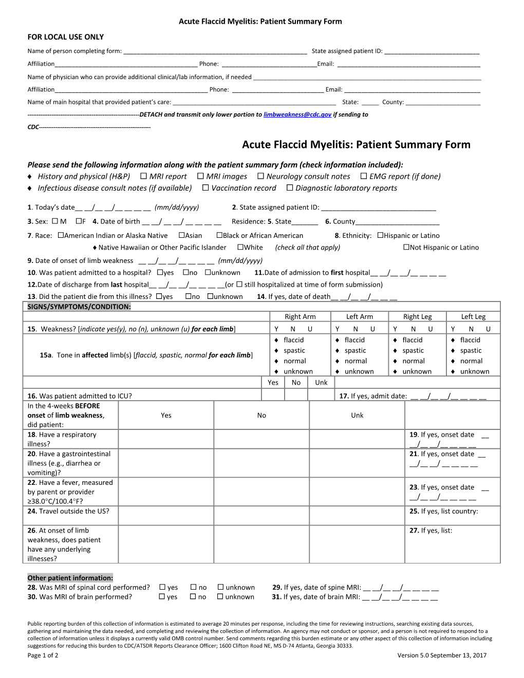 Acute Flaccid Myelitis Patient Summary Form