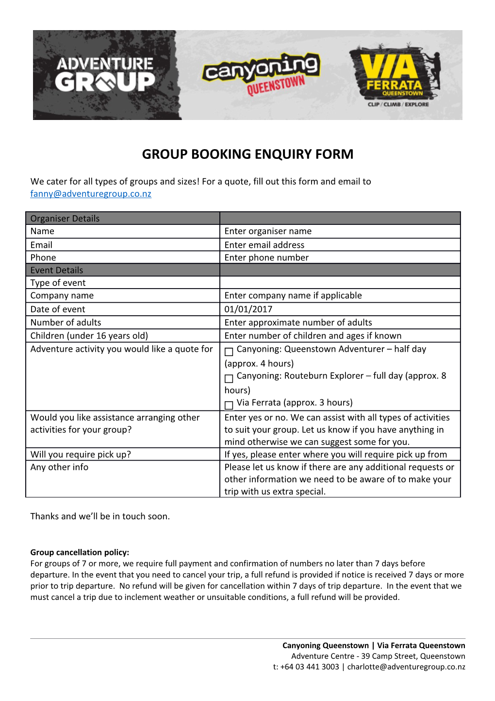 Group Booking Enquiry Form