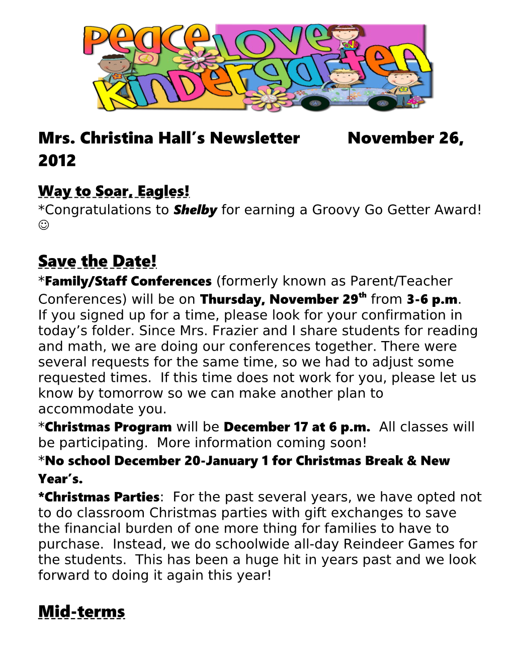 Mrs. Christina Hall S Newsletternovember 26, 2012