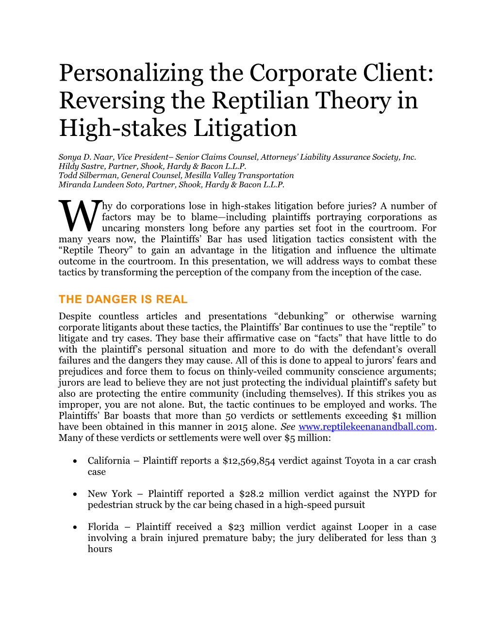 Personalizing the Corporate Client: Reversing the Reptilian Theory in High-Stakes Litigation