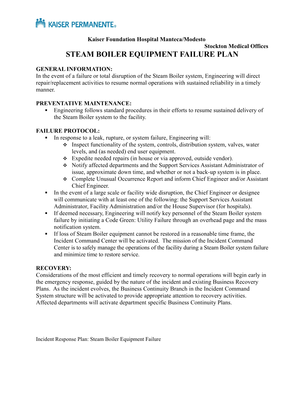 Steam Boiler Equipmentfailure Plan
