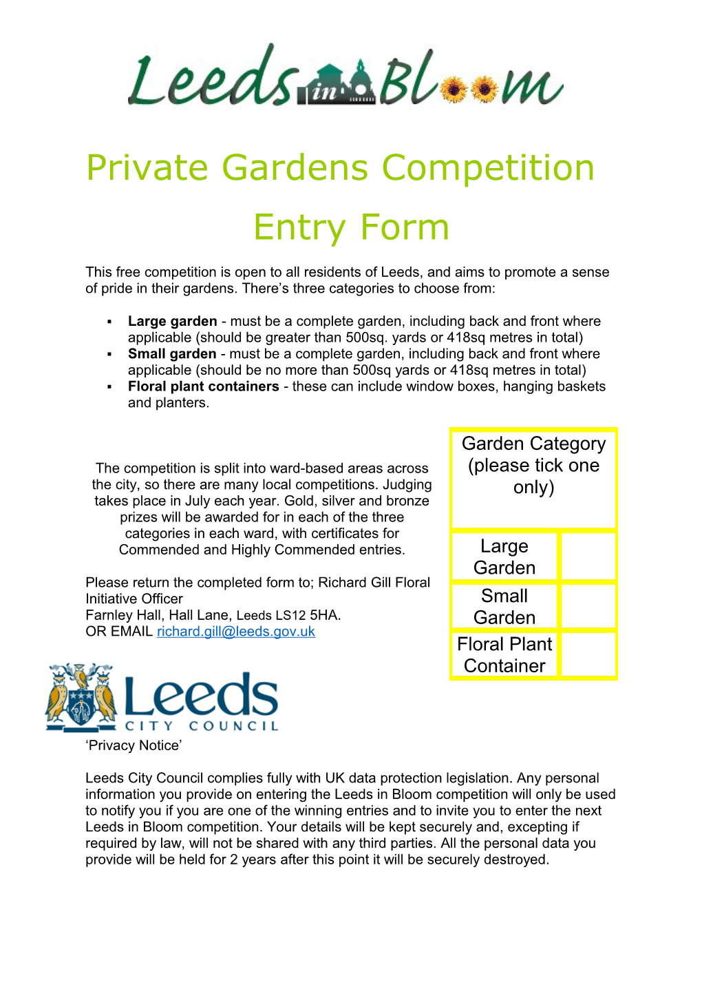 Private Gardens Entry Form