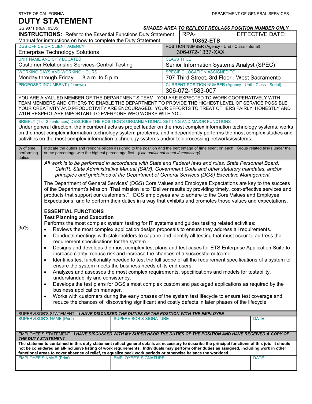 State of California Department of General Services Duty Statement Gs 907T (Rev. 03/05)