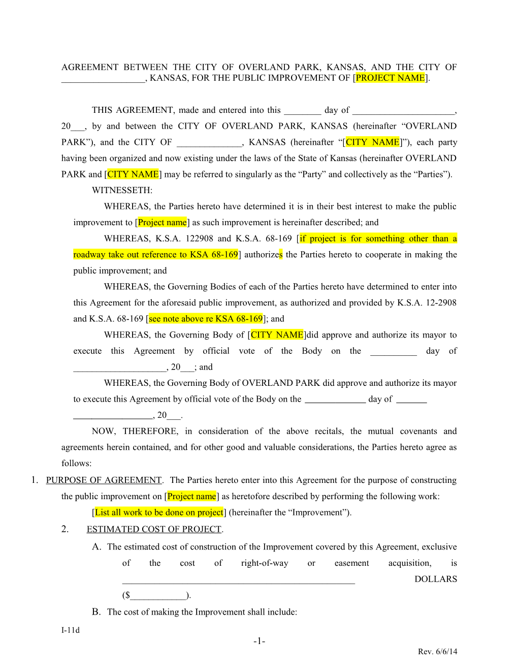 Agreement Between the City of Overland Park, Kansas, and the City of ______, Kansas, For