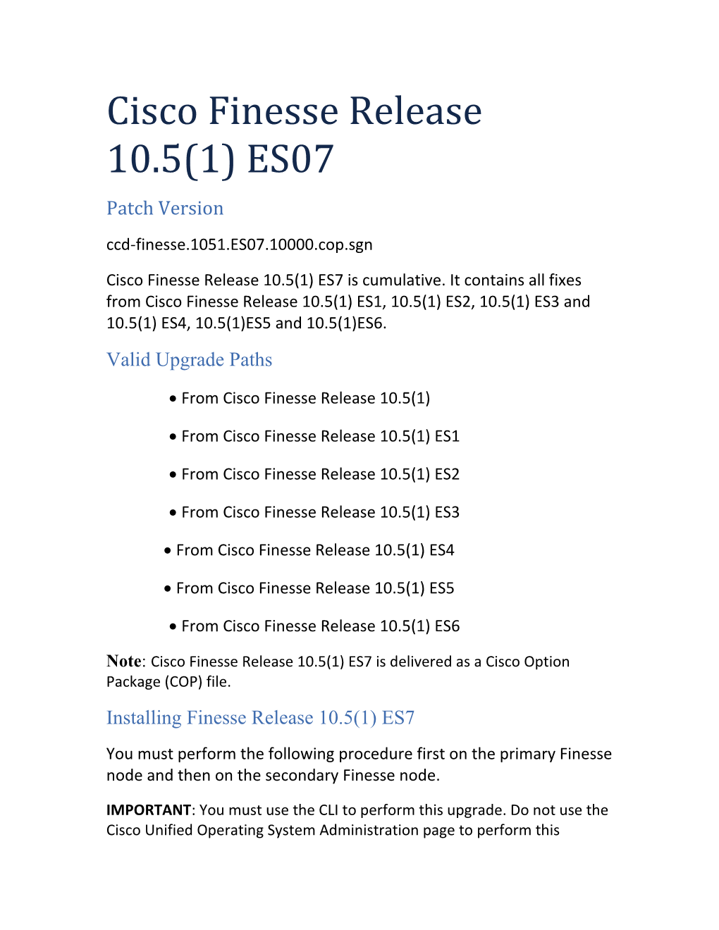 Cisco Finesse Release 10.5(1) ES07