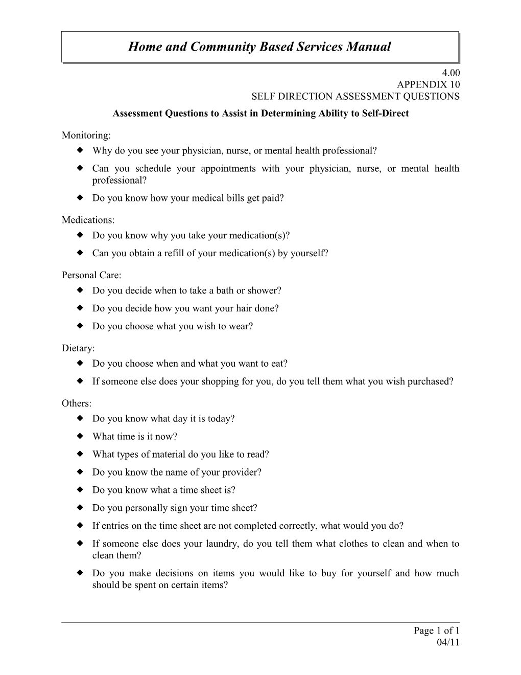 Assessment Questions to Assist in Determining Ability to Self-Direct