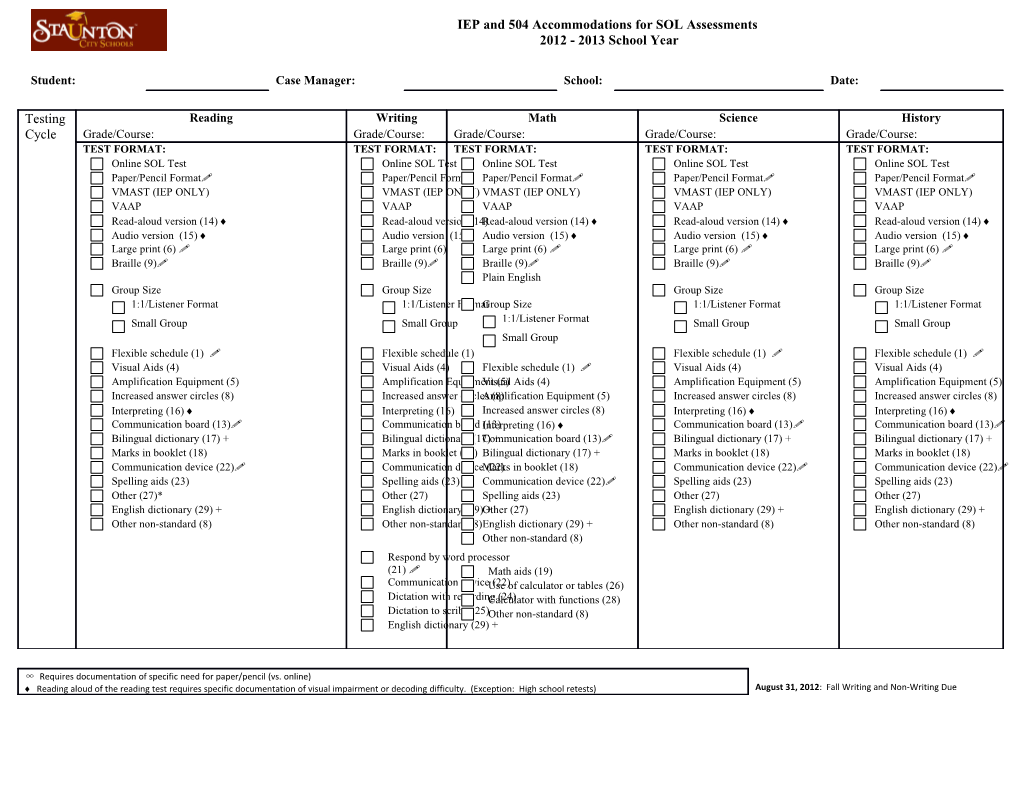 IEP and 504 Accommodations for SOL Assessments 2012 - 2013 School Year