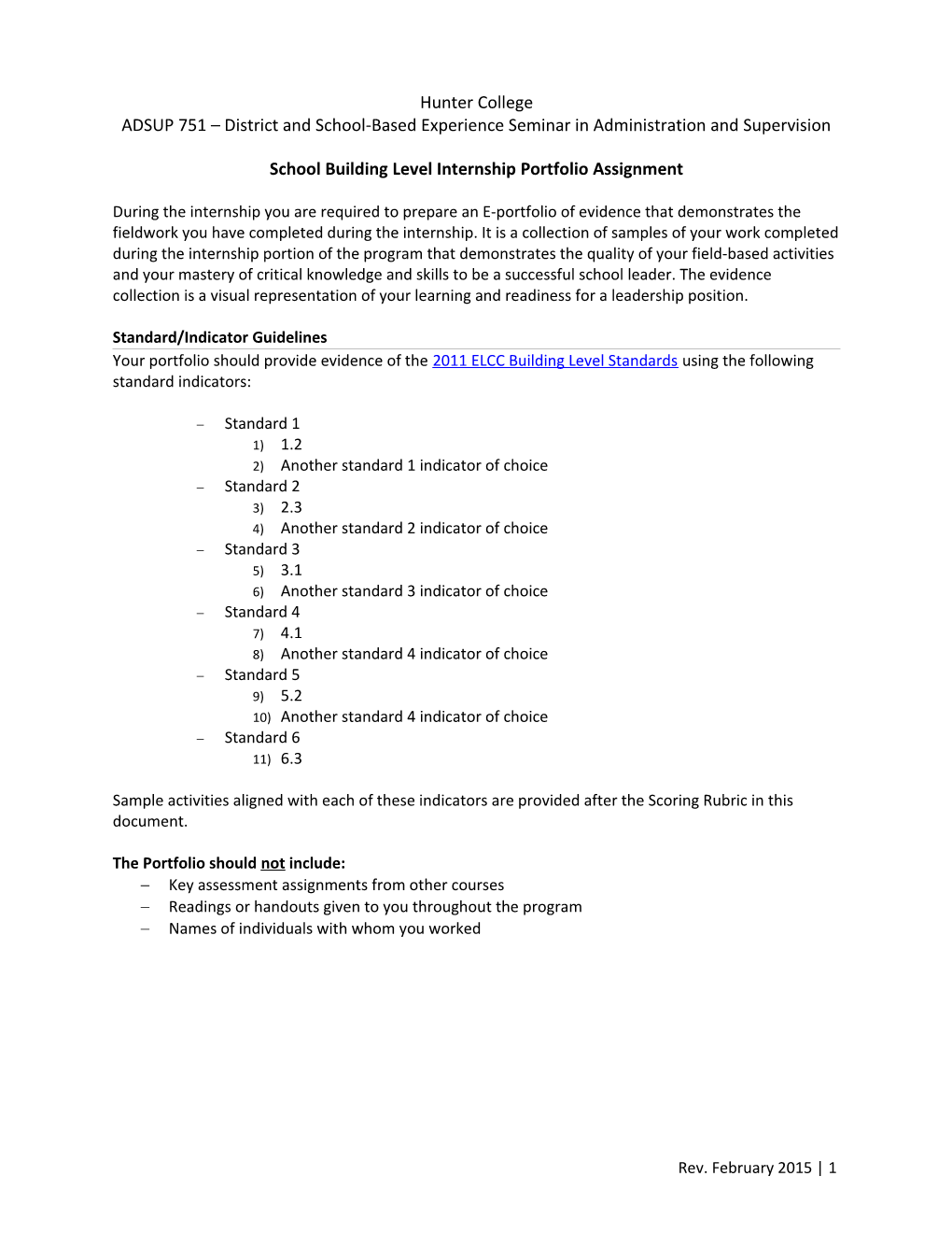 School Building Level Internship Portfolio Assignment