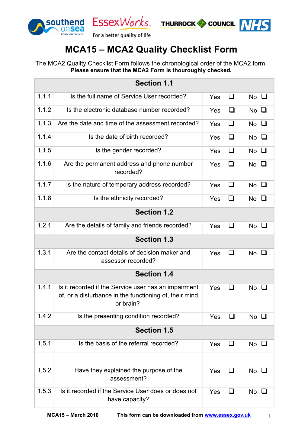 MCA15 MCA2 Quality Checklist Form