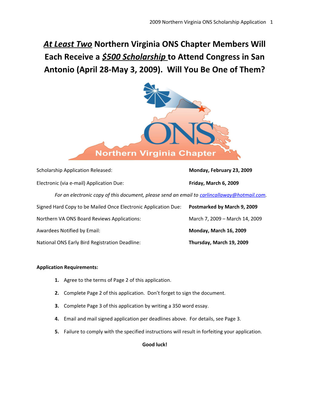 2009 Northern Virginia ONS Scholarship Application 1