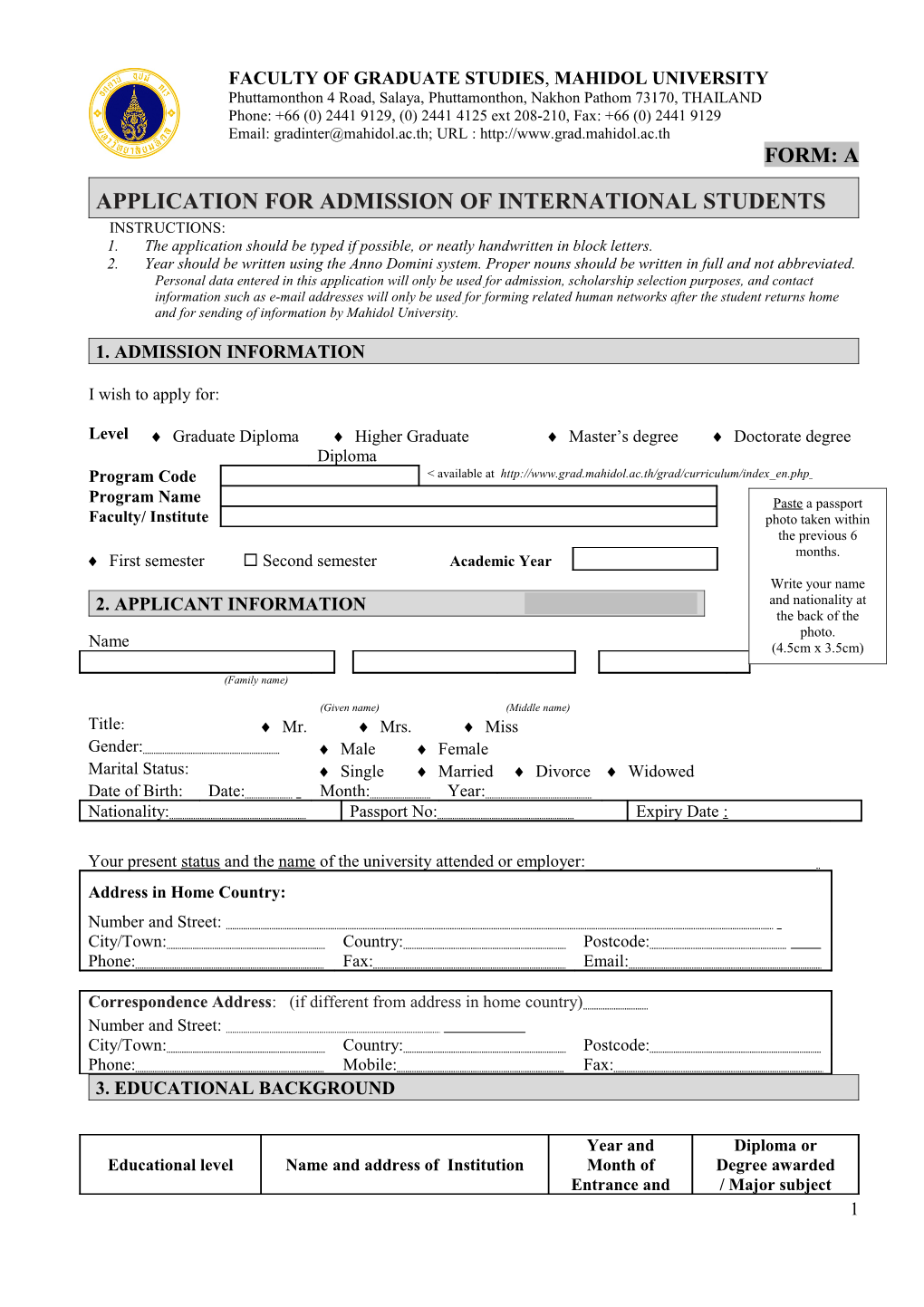Application for Admission of International Students