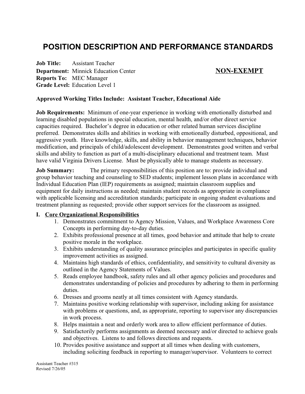 Position Description and Performance Standards