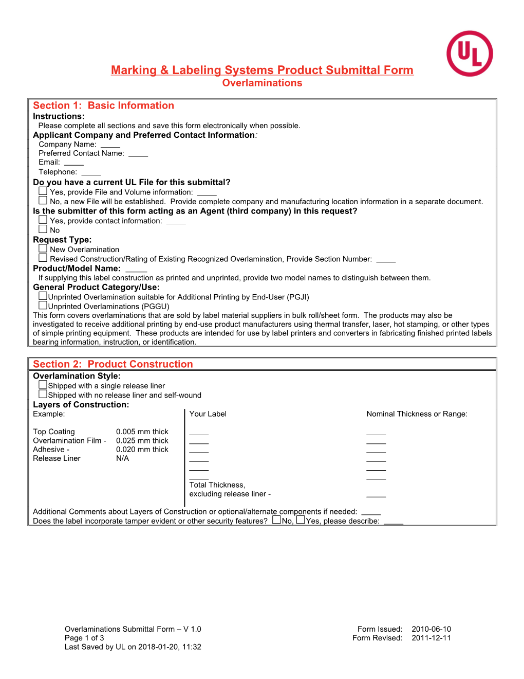 Product Submittal Information Gathering Form