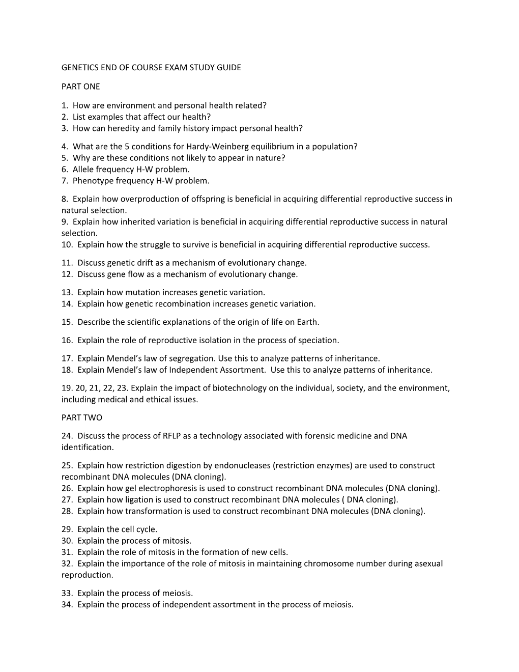 Genetics End of Course Exam Study Guide