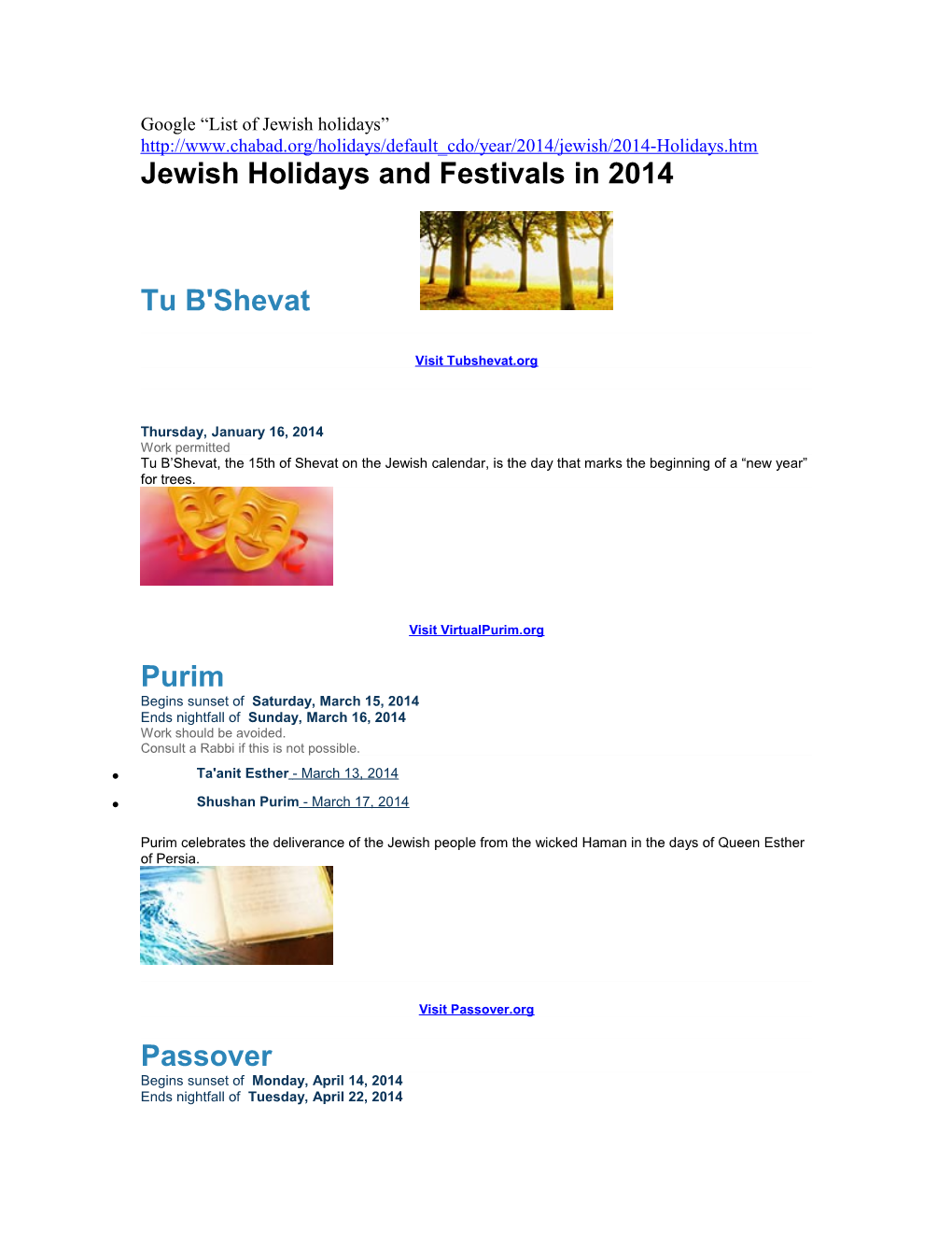Google List of Jewish Holidays