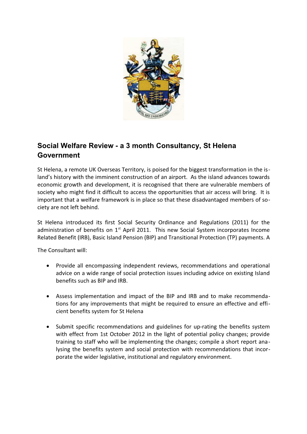 Social Welfare Review - a 3 Month Consultancy, St Helena Government