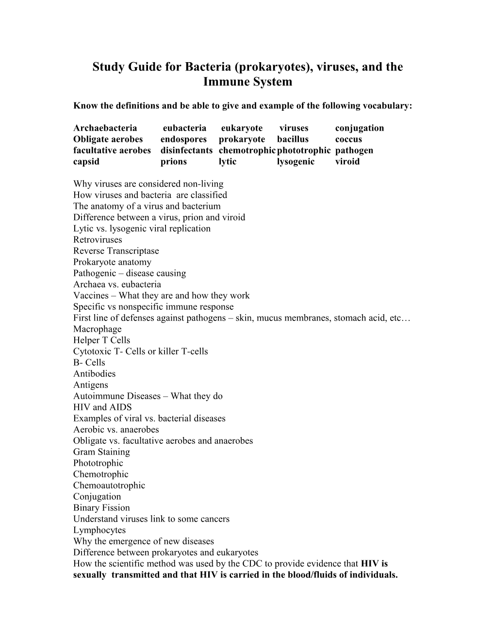 Study Guide for Bacteria (Prokaryotes), Viruses, and the Immune System
