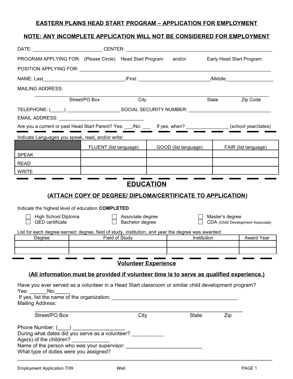 Eastern Plains Head Start Program Application for Employment