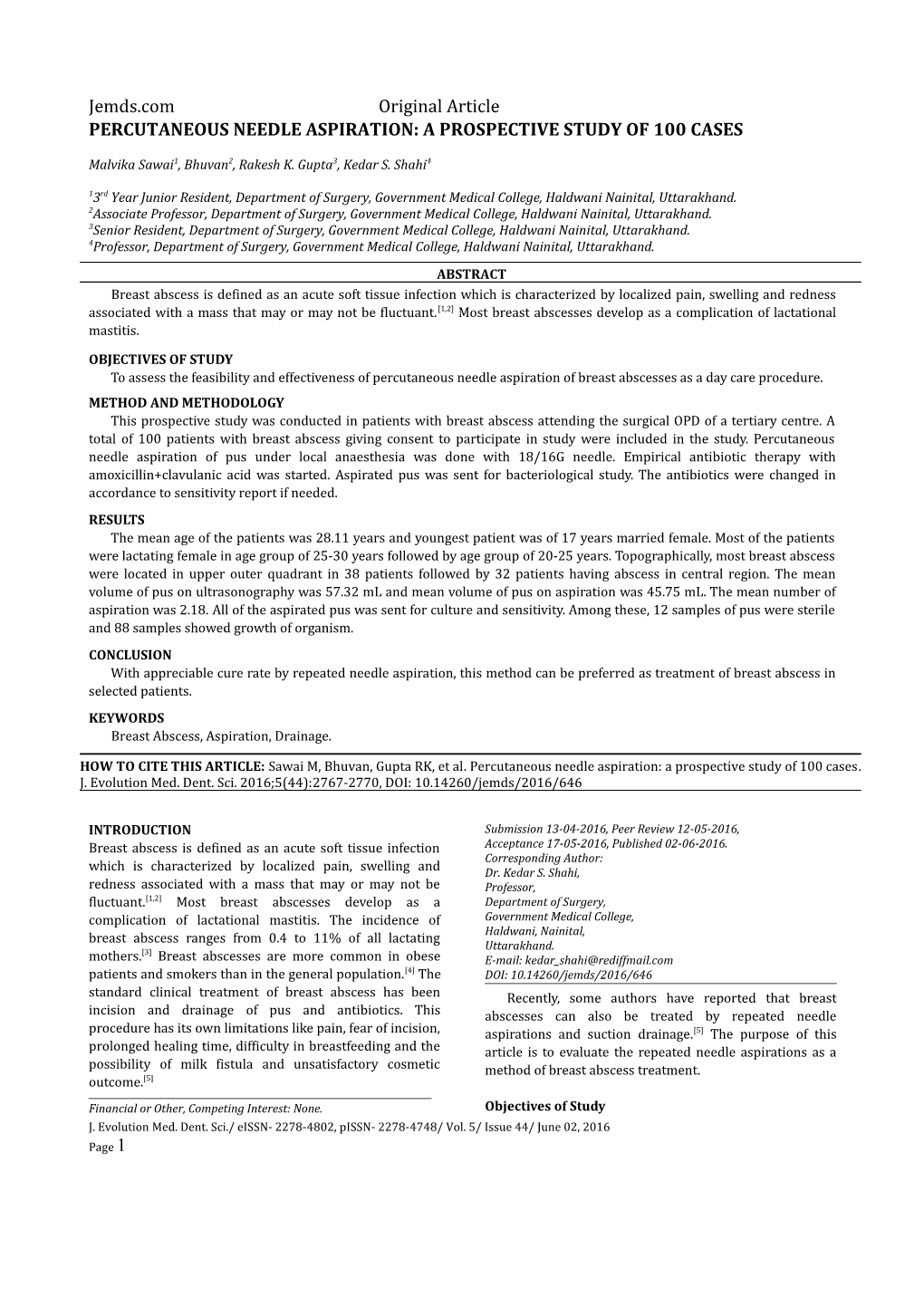 Percutaneous Needle Aspiration: a Prospective Study of 100 Cases