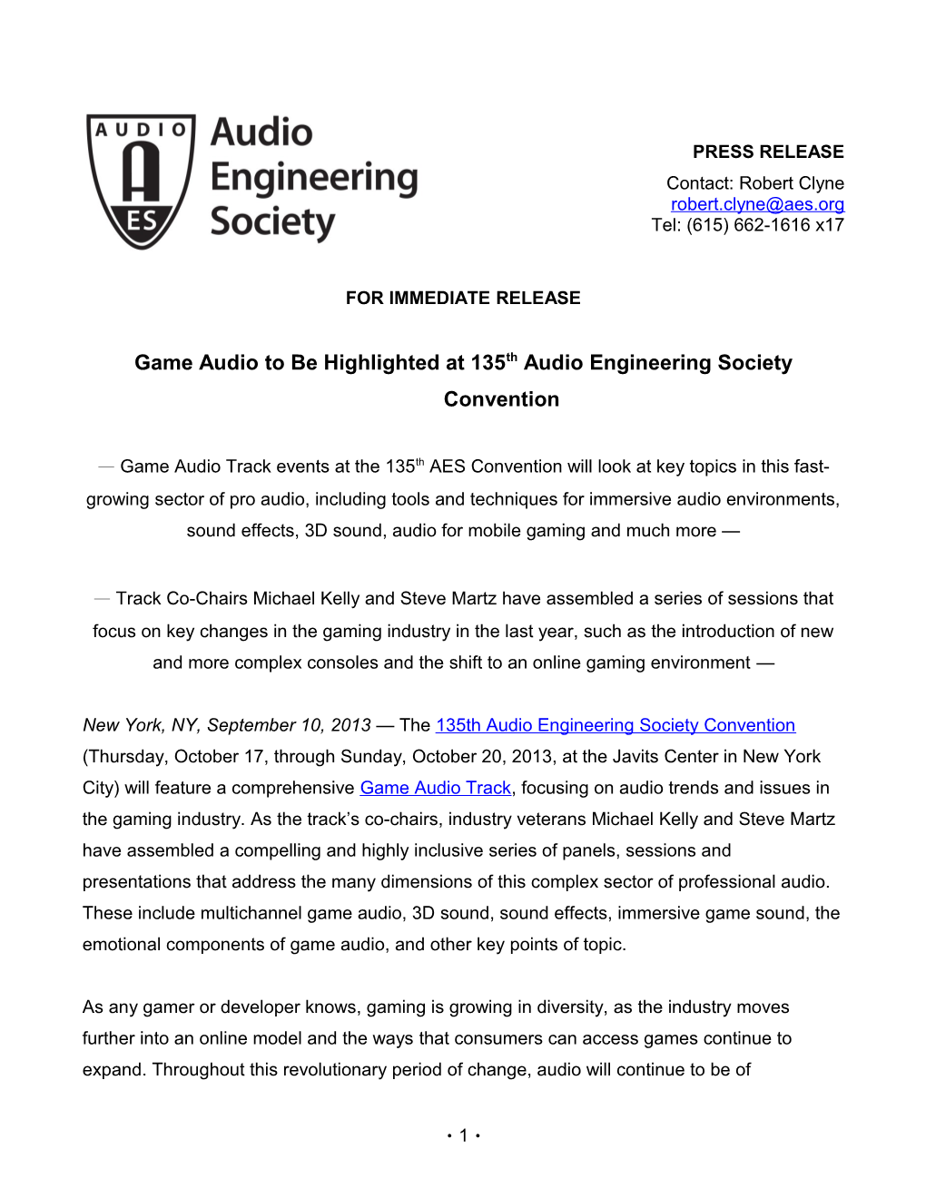 Game Audio to Be Highlighted at 135Th Audio Engineering Society Convention
