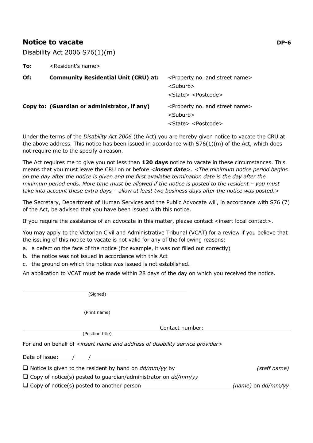 Disability Act 2006 Notice to Vacate DP6