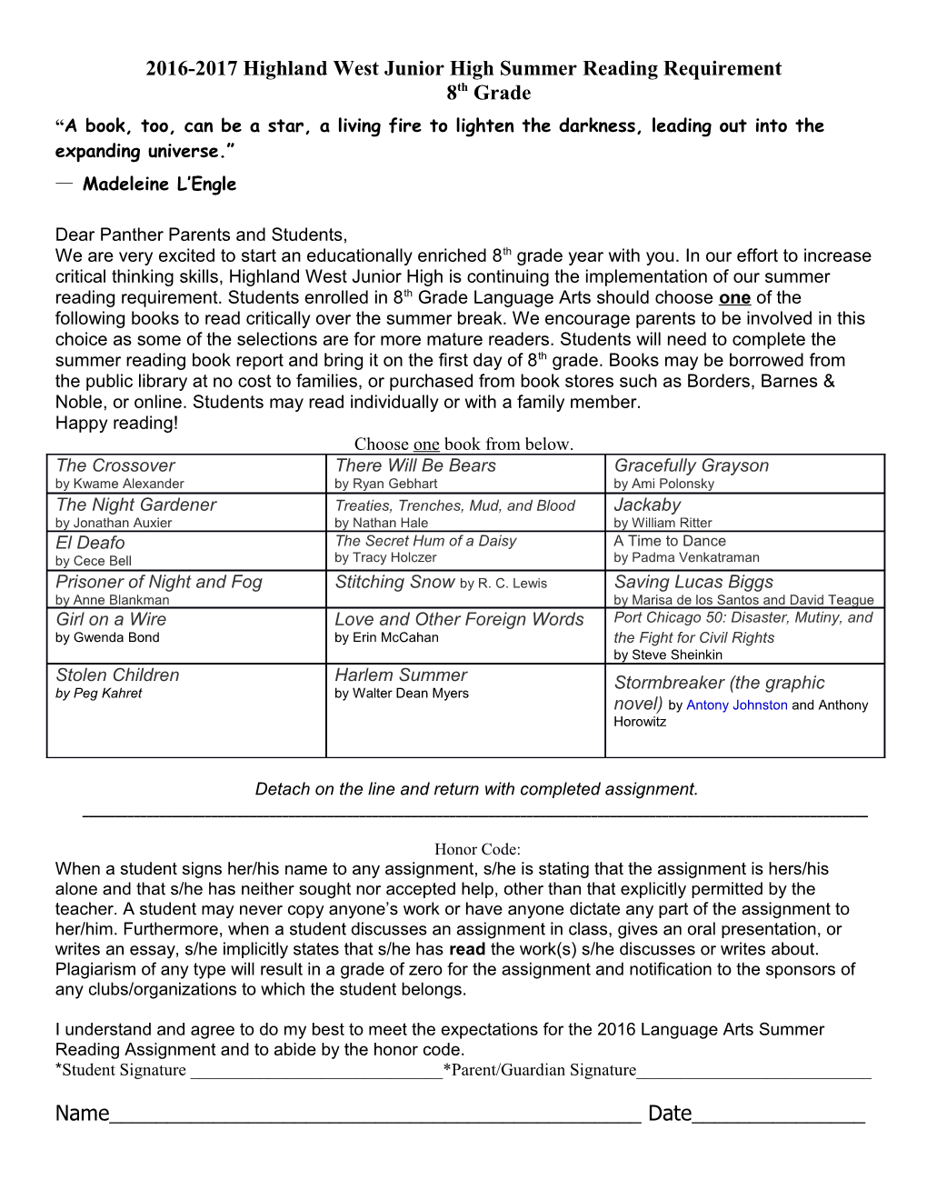 2016-2017 Highland West Junior High Summer Reading Requirement