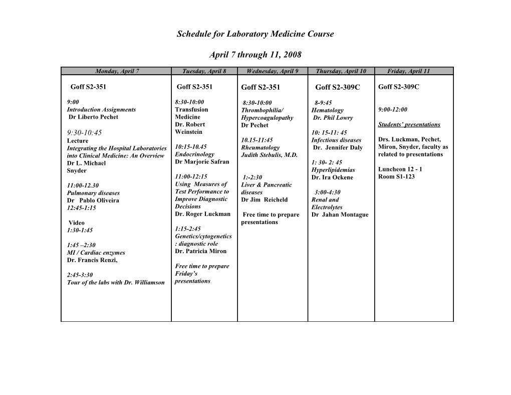 Schedule for Laboratory Medicine Course