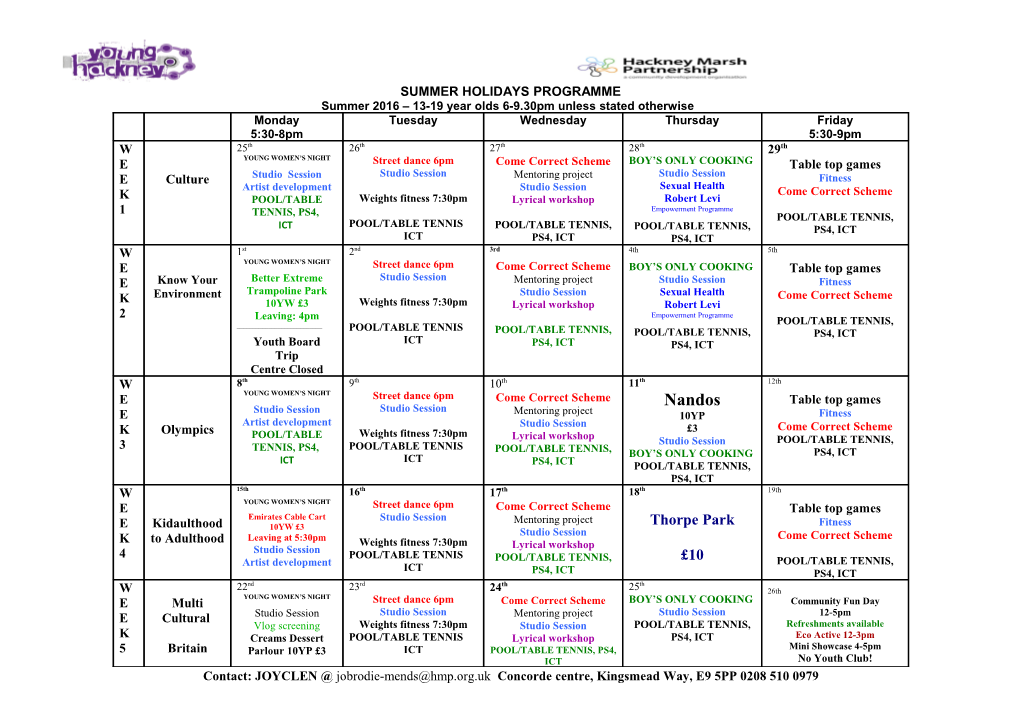 Payp - Activities for Young People in the School Holidays Programme