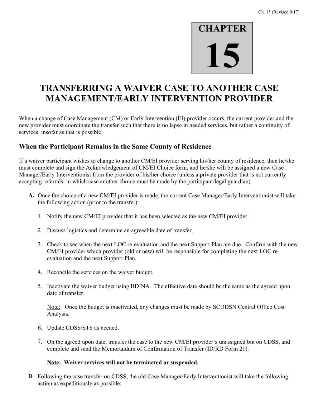 Transferring a Waiver Case to Another Case Management/Early Intervention Provider