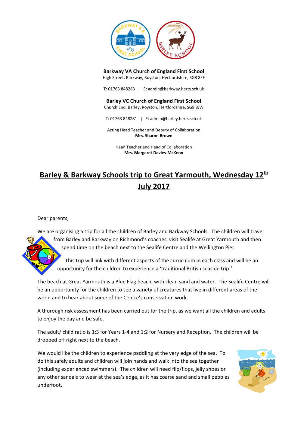 Barley & Barkway Schools Trip to Great Yarmouth, Wednesday 12Th July 2017