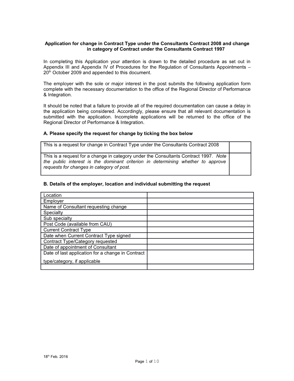 Procedures for Change in Category of Contract Under the Consultants Contract 1997