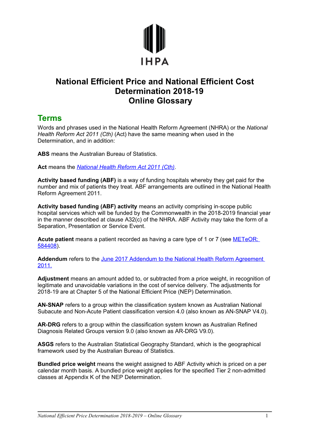 National Efficient Price and Cost Determination 2016-17