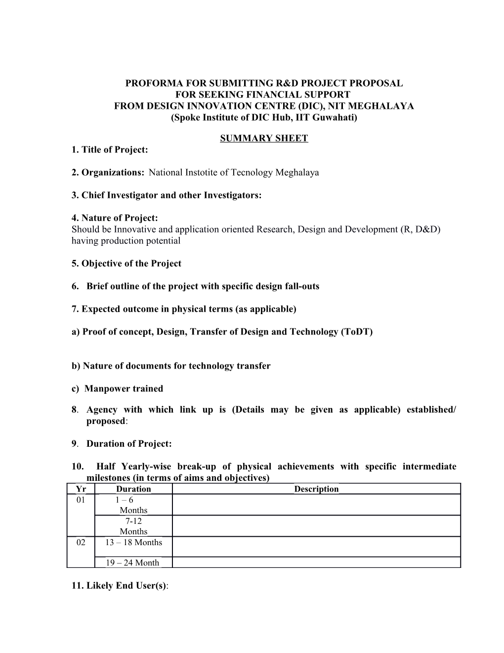 Proforma for Submitting R&D Project Proposal