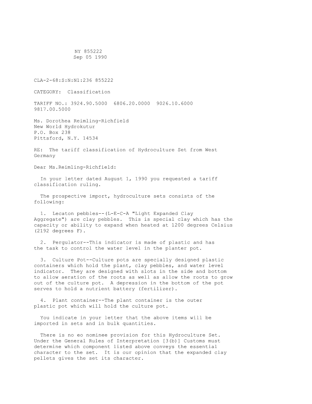 RE: the Tariff Classification of Hydroculture Set from West