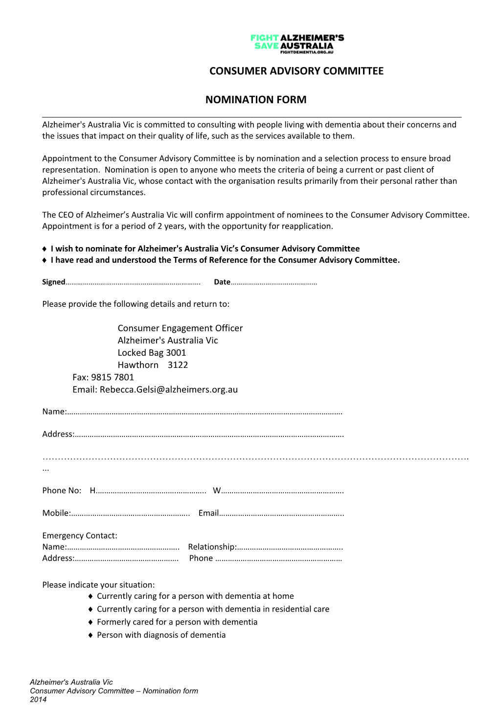 Consumer Advisory Committee Nomination Form