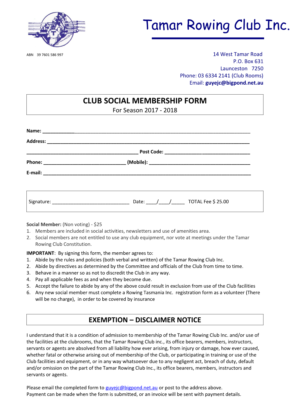 Club Social Membership Form
