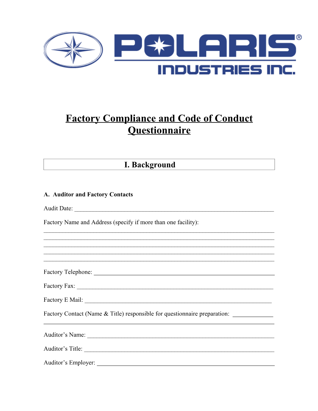 Factory Compliance and Code of Conduct Questionnaire