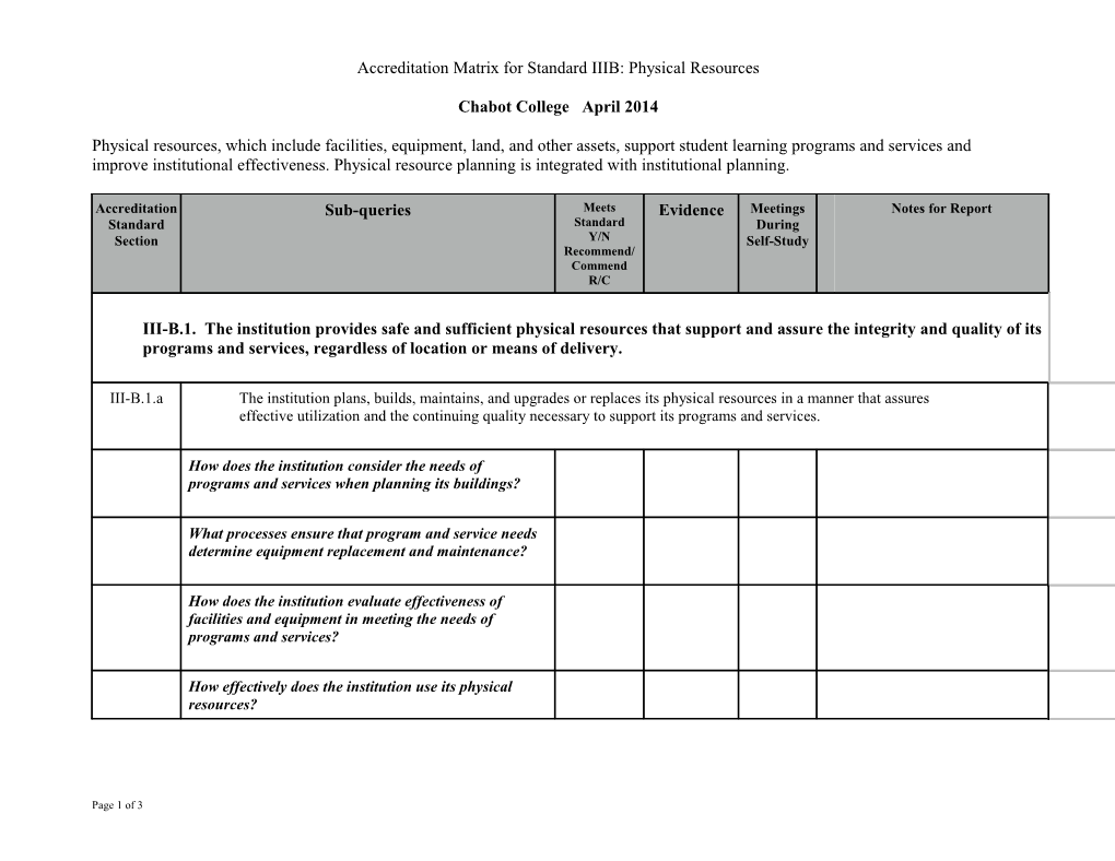 Chabot College Facililties & Sustainability Committee Accreditation Matrix