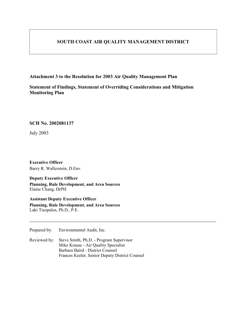 Attachment 3 to the Resolution for 2003 Air Quality Management Plan